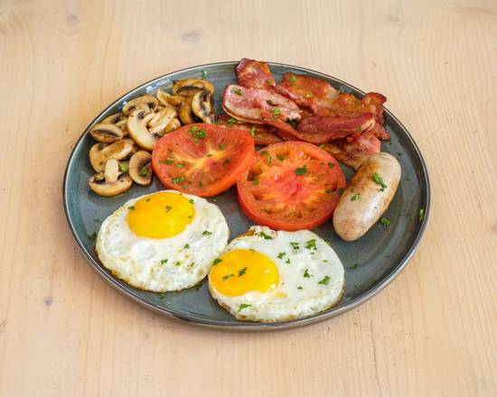 Full Breakfast — eggs, bacon, sausage, mushrooms, grilled tomato and toast